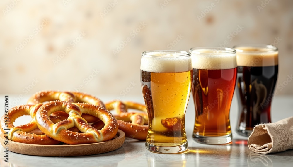 Pretzels beside beer flight on wooden serving board with table background Pretzels beside beer flight on wooden serving board with table background