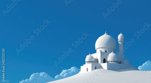 A minimalist 3D rendering of a white mosque atop a cloud-covered hill against a vibrant blue sky.  The image emphasizes clean lines and simple geometry