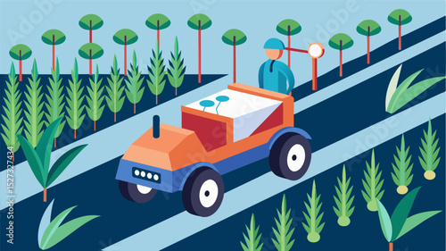 A selfdriving cart that moves along rows of plants using sensors to identify and remove weeds.. Vector illustration