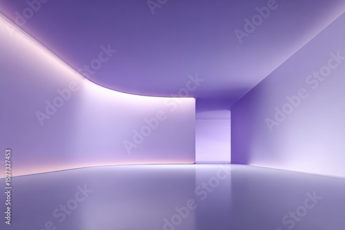 Abstract minimalist rendering of a lavender-hued room with a curved wall and soft, ambient lighting, showcasing a sleek and modern interior design