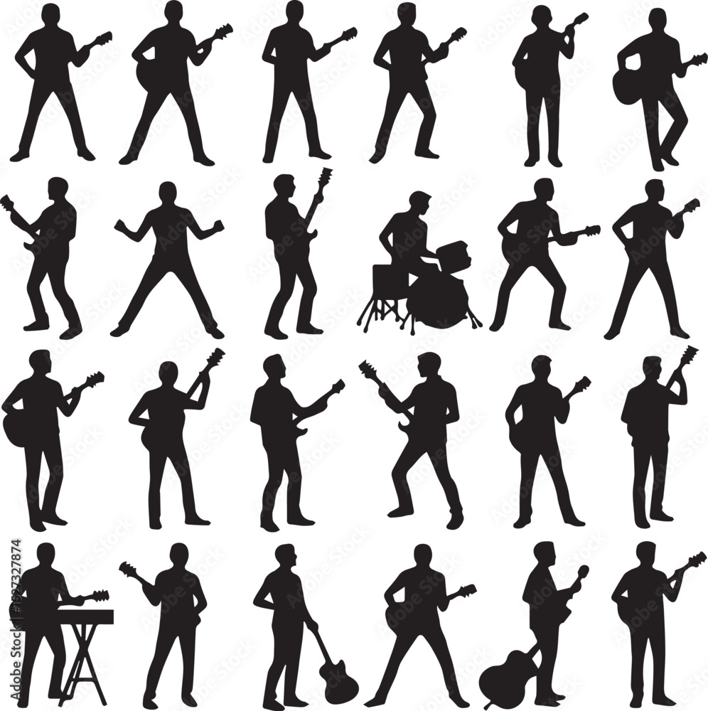 Fototapeta premium This collection features vector silhouettes of people in various poses, including men and women engaged in business, fashion, sport, and dance