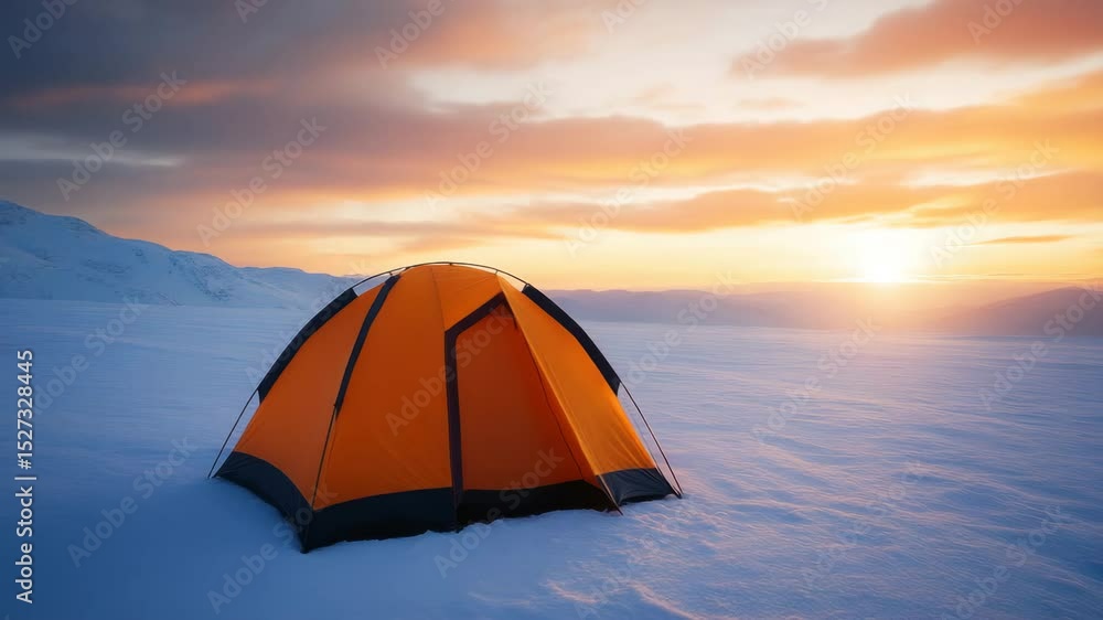 Orange camping tent on snowy mountain landscape during colorful winter sunset with vibrant sky, peaceful outdoor nature scene perfect for adventurous camping in snow and cold environment Orange camping tent on snowy mountain landscape during colorful winter sunset with vibrant sky, peaceful outdoor nature scene perfect for adventurous camping in snow and cold environment