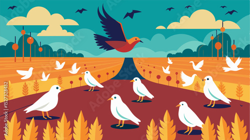 A flock of birds feasts on a field of abandoned crops a cruel irony that showcases the ripple effects of supply chain problems on both human and animal life.. Vector illustration