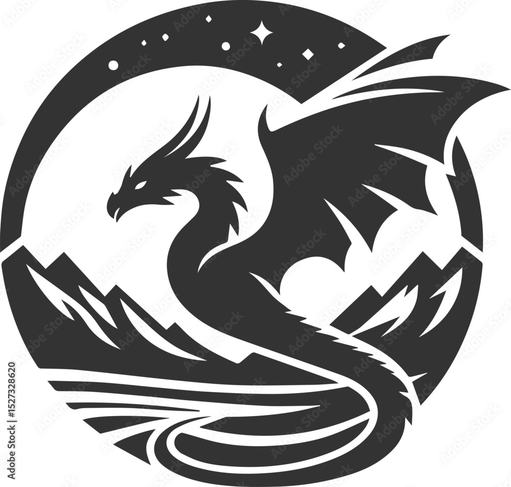 Obraz premium Drawing silhouette of a flying dragon vector