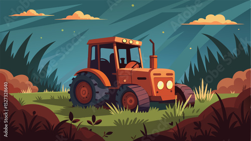 A lone tractor long unused and covered in rust sat in the overgrown field as if waiting for its owner to return.. Vector illustration
