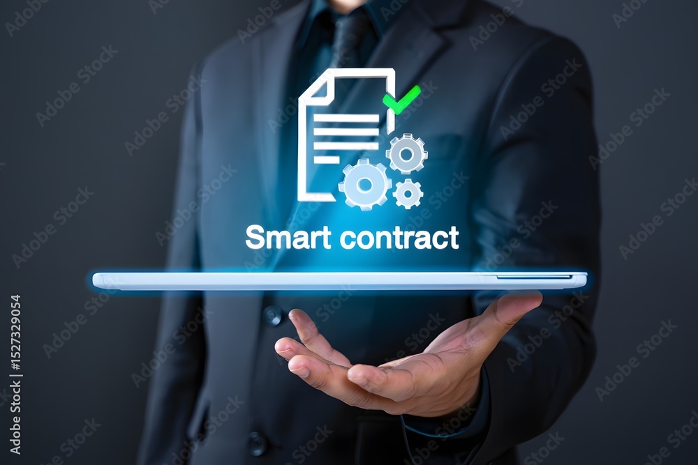 Fototapeta premium Businessman Holding a Tablet Showing Smart Contract Technology.