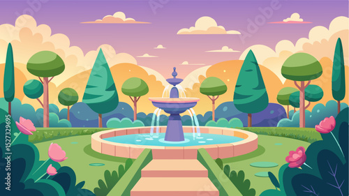 Needing some inspiration You can take a break from your desk and wander through the spas tranquil gardens filled with bubbling fountains and serene walking paths.. Vector illustration