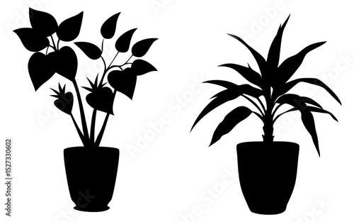 Plants in pots full black silhouette vector illustration design