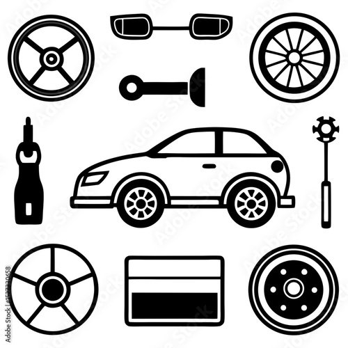 Car repair icons set auto parts and tools