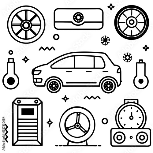 Car maintenance and repair line art illustration