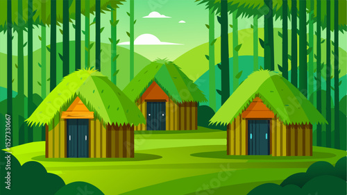 The bright green moss covering the bamboo huts exterior adds a touch of natural beauty to the remote workplace.. Vector illustration