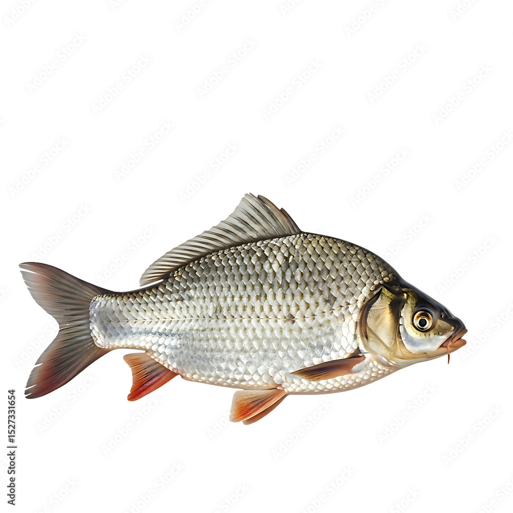 Fototapeta premium Isolated freshwater fish roach rutilus rutilus species with silver scales and red fins on black background on transparent background