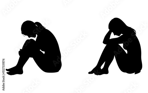 Set of  sad women's sitting on soil  full black silhouette vector illustration design
