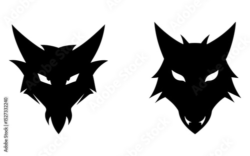 Set of ferocious wolf head full black silhouette vector illustration design