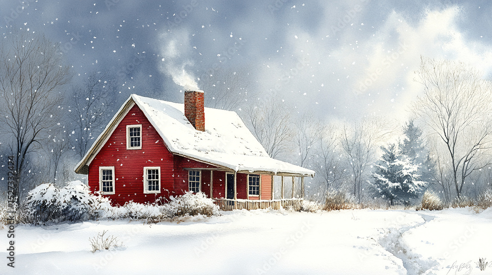 cozy red house surrounded by snow, with chimney emitting smoke, evokes warmth in winter cozy red house surrounded by snow, with chimney emitting smoke, evokes warmth in winter