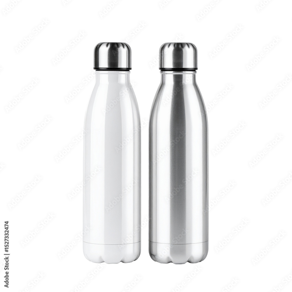 Two stainless steel water bottles isolated on transparent background Two stainless steel water bottles isolated on transparent background