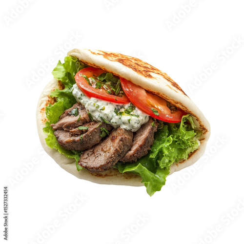 Delicious Lamb Gyro in Pita Bread with Tzatziki Sauce and Fresh Tomatoes