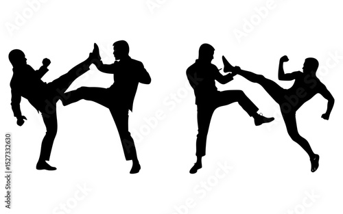 Set of men fighting full black silhouette vector illustration design