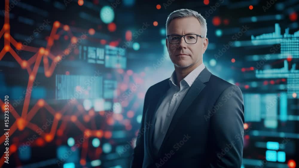 Confident businessman wearing glasses and suit stands before digital data charts and graphs, symbolizing technology, finance, and leadership in high tech business environment Confident businessman wearing glasses and suit stands before digital data charts and graphs, symbolizing technology, finance, and leadership in high tech business environment