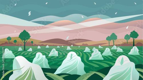 A ghostly field shrouded in translucent plastic bearing witness to the devastating effects of extreme weather on vulnerable crops.. Vector illustration