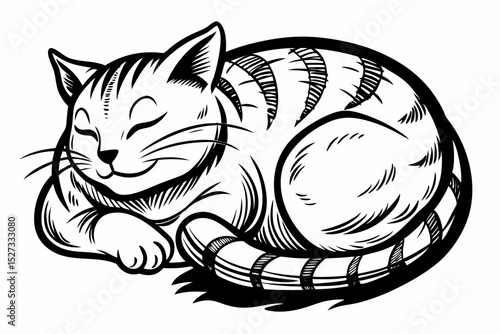 Adorable Tabby Cat Sleeping Peacefully Curled Up Illustration