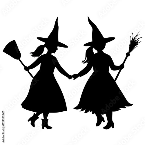 Spooky witches coven full black silhouette vector illustration design