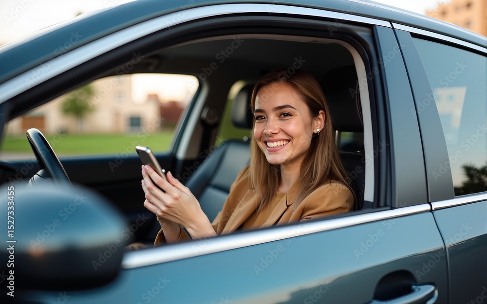 Trendy woman sitting in her opened car and smiling at her phone. High quality