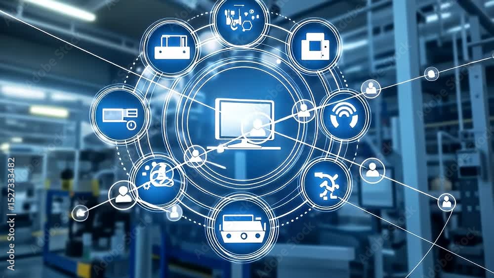 Digital Interface Overlayed On Industrial Factory Interior Blue Tones Showing Computer And Technology Elements Digital Interface Overlayed On Industrial Factory Interior Blue Tones Showing Computer And Technology Elements
