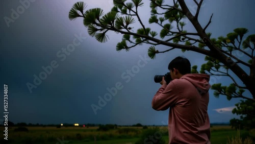 A photographer in a pink hoodie captures a bright lightning bolt striking a field under a dramatic evening sky near a tree.