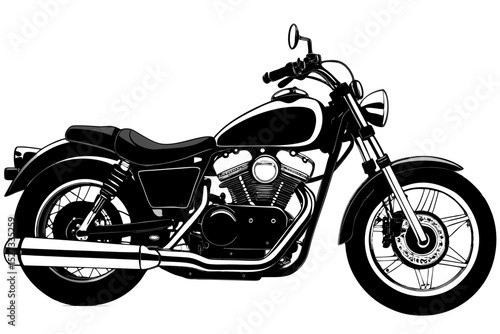 Classic Cruiser Motorcycle Side View Black and White Illustration