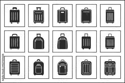 Luggage Collection Black and White Set, Various Styles of HandDrawn Style Bags