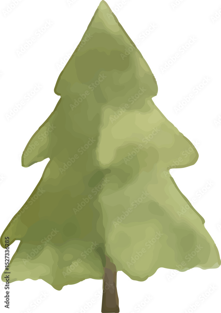 A stylized watercolor illustration of a lush green pine tree with a brown trunk. The tree has a triangular shape, soft shading, and organic texture, evoking a serene nature aesthetic