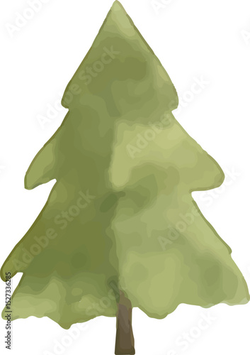 A stylized watercolor illustration of a lush green pine tree with a brown trunk. The tree has a triangular shape, soft shading, and organic texture, evoking a serene nature aesthetic