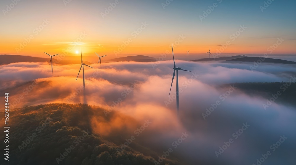 Obraz premium Wind Turbines Rising Above the Morning Mist at Golden Sunrise, Environmental Power