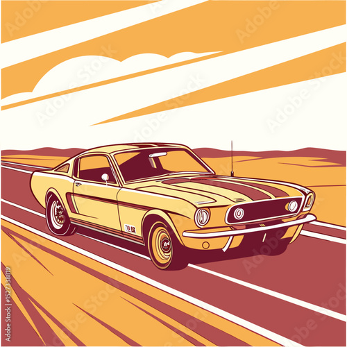 Vintage Mustang Driving at Sunset – Yellow Accent Vector Scene Adobe Illustrator Artwork