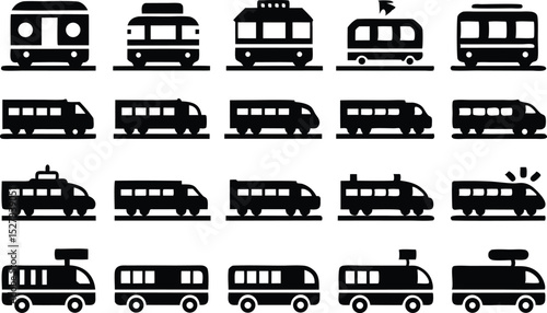 Silhouette Black Transport Icons Variety Buses and Trams on Transparent Background