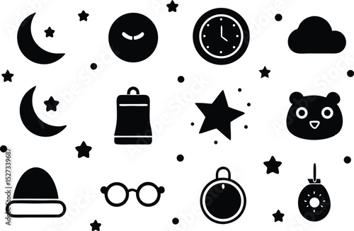 Sleep Time Icons Set with Moon, Star, Cloud, Teddy Bear on Transparent Background