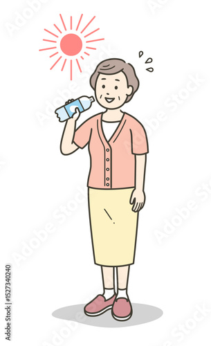 猛暑に炎天下で水分補給をするシニア女性の全身イラスト