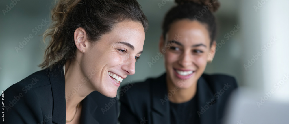 Obraz premium Two businesswomen smiling, working together in modern office, professional teamwork, positive atmosphere