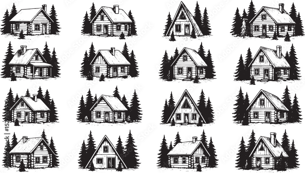 Fototapeta premium A collection of hand-drawn log cabin illustrations, each featuring unique architectural details. These cozy, rustic wooden homes are nestled in winter landscapes, evoking warmth, nostalgia, and wilder