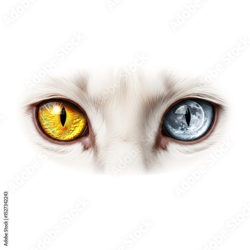 Intense Cat Eyes with Heterochromia Reflecting Sun and Moon