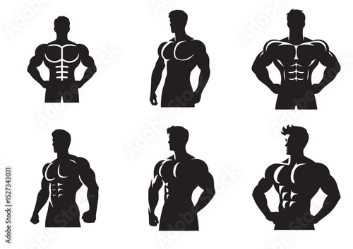 A man with a muscular build is standing Silhouette Vector Set