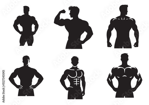 A man with a muscular build is standing Silhouette Vector Set