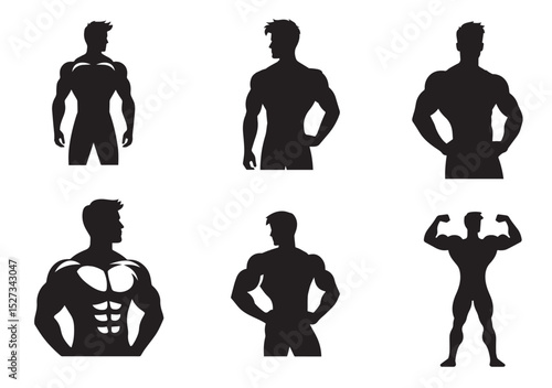 A man with a muscular build is standing Silhouette Vector Set