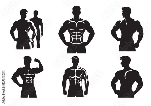 A man with a muscular build is standing Silhouette Vector Set