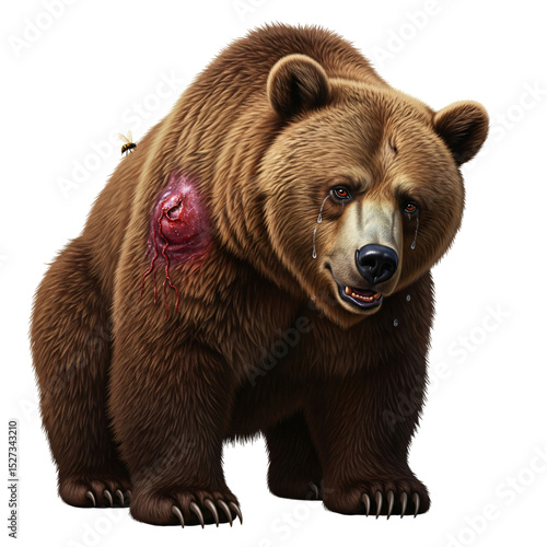 Sad Brown Bear with a Bee Sting on its Back and Tears