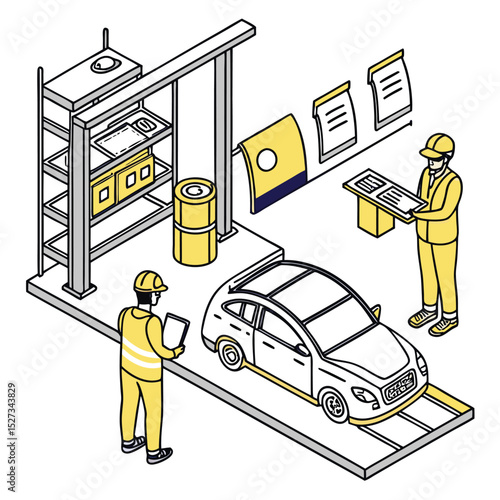 Car Factory Workers – Assembling with Yellow Safety Gear Adobe Illustrator Artwork