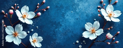 Delicate white blossoms, intricate floral pattern on deep blue , white flowers, design