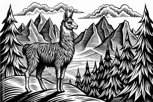 Majestic Llama in a Mountainous Forest Landscape Black and White Illustration