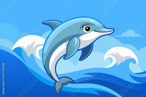 Happy cartoon dolphin leaping over ocean waves